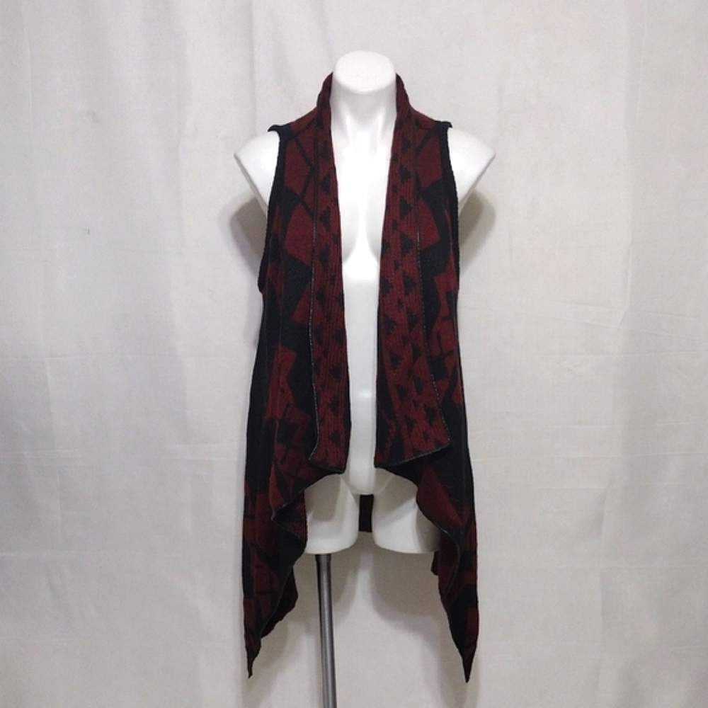 Questions Open Front Asymmetrical Knit Vest Cardigan Faux Leather Trim Boho Chic